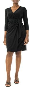 Nina Leonard Surplice Neck Three-Quarter Sleeve O-Ring Faux Wrap Dress