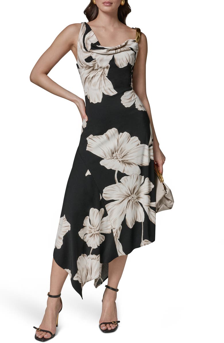 Donna Karan New York Floral Asymmetric Midi Dress, Alternate, color, Black Multi