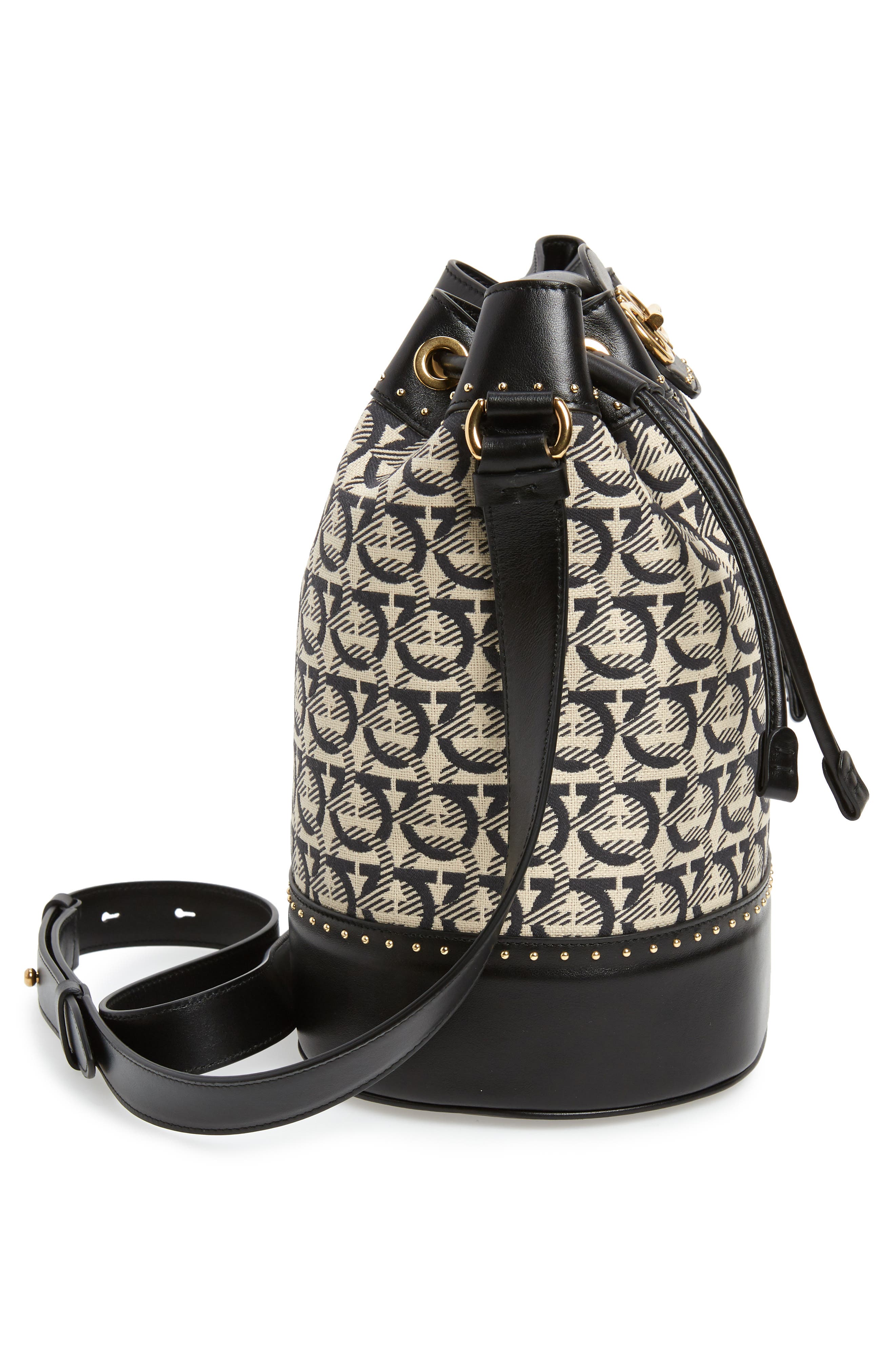 FERRAGAMO Salvatore Ferragamo Leather & Jacquard Bucket Bag, Alternate, color, 
