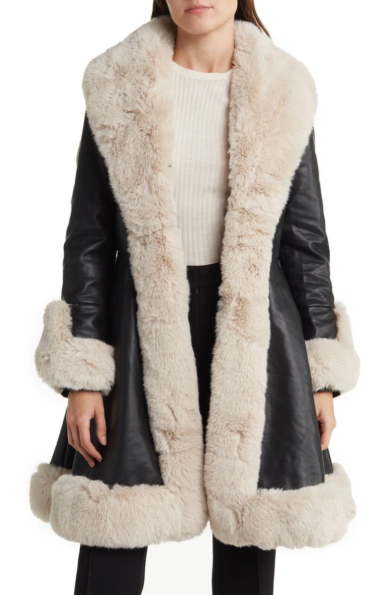 AZALEA WANG Belted Faux Leather Faux Fur Trim Coat, Main, color, 