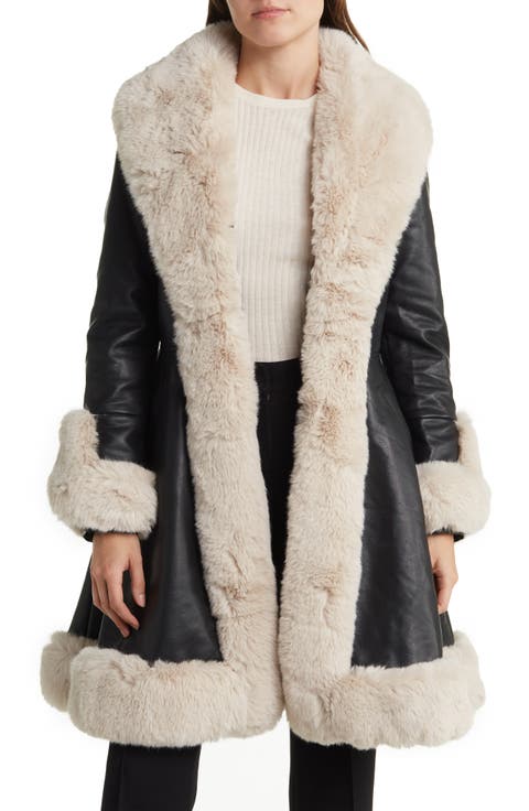 Belted Faux Leather Faux Fur Trim Coat