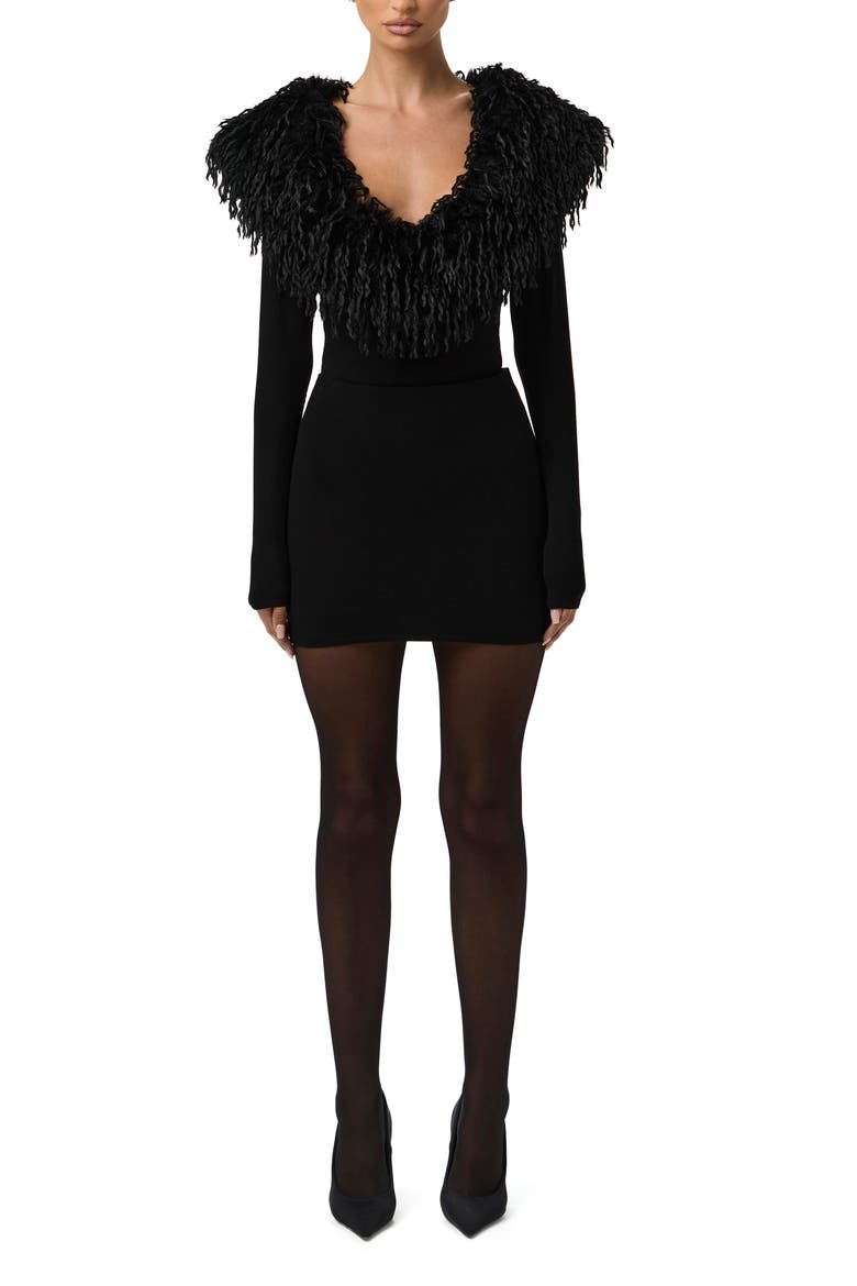 Butter Long Sleeve Bodysuit with Feather Collar, Alternate, color, BLACK