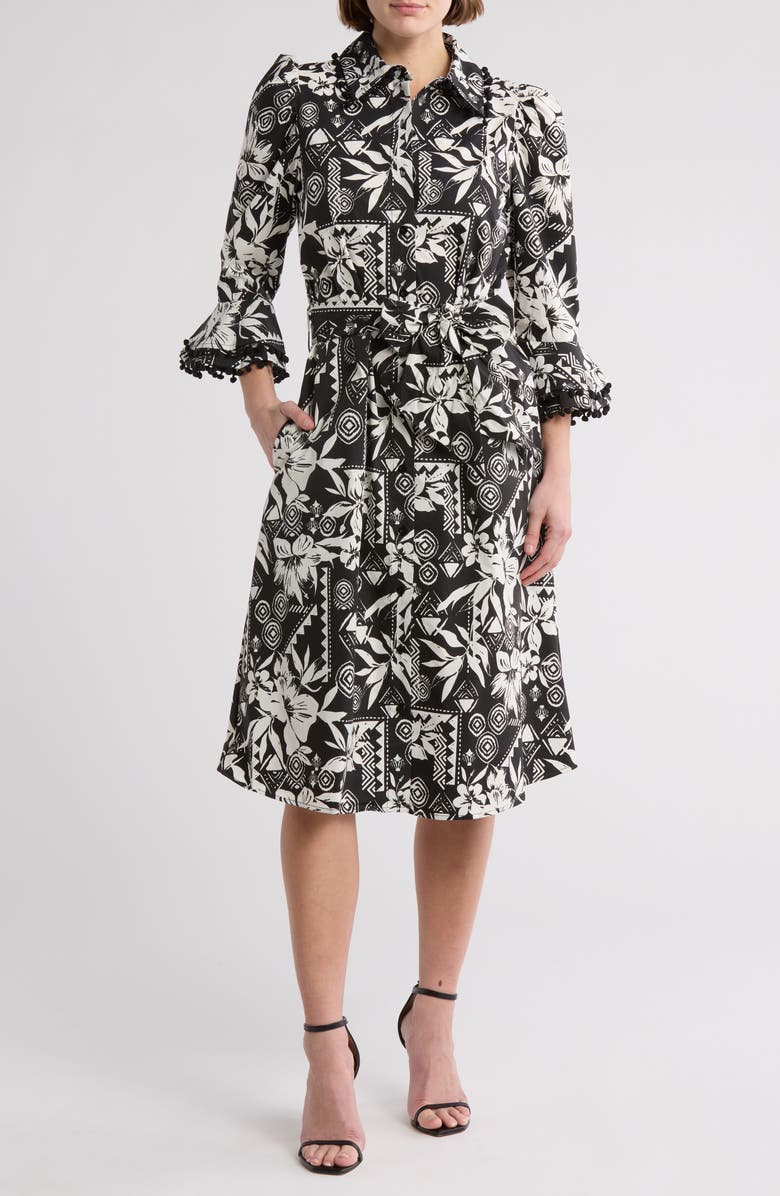 BY DESIGN Lucia Stretch Cotton Poplin Shirtdress, Main, color, Black/ Gardenia Lucia Flower