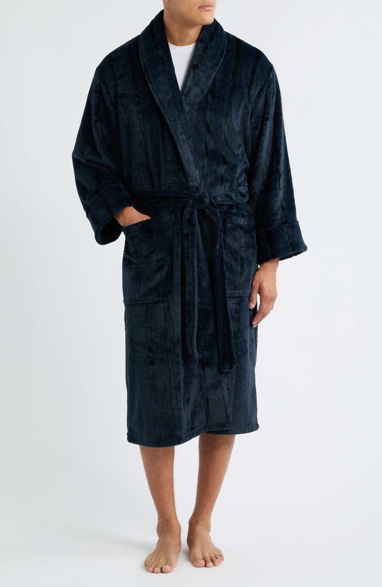 Daniel Buchler Wide Stripe Plush Shawl Collar Robe, Main, color, Black