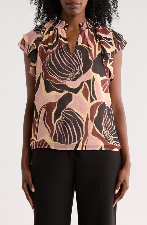 Mock Neck Ruffled Cap Sleeve Top