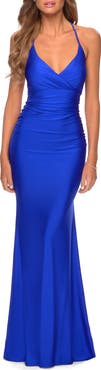 La Femme Empire Waist Dress with Ruching and Lace Up Back
