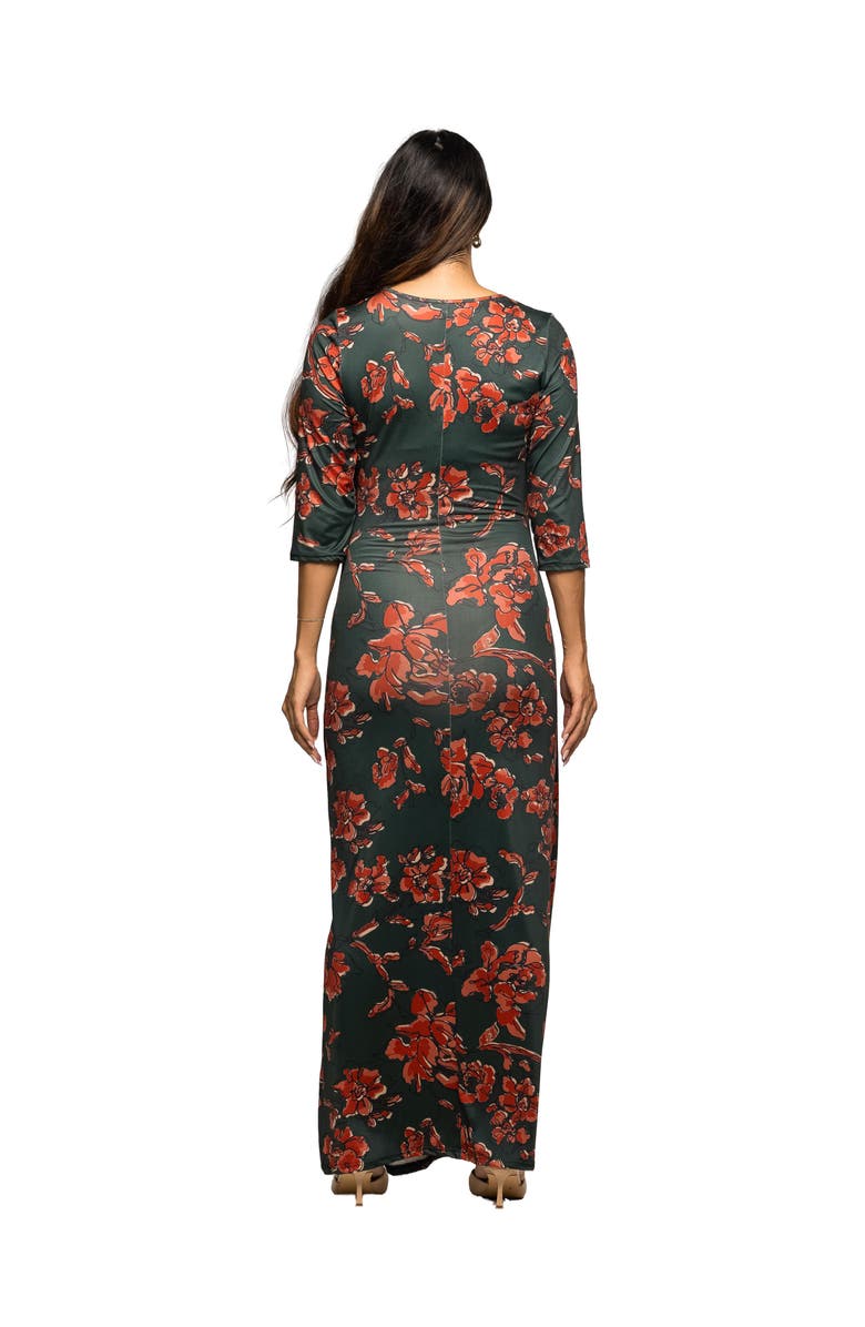 24seven Comfort Apparel Floral Print Three Quarter Sleeve Side Slit Maxi Dress, Alternate, color, Green Multi
