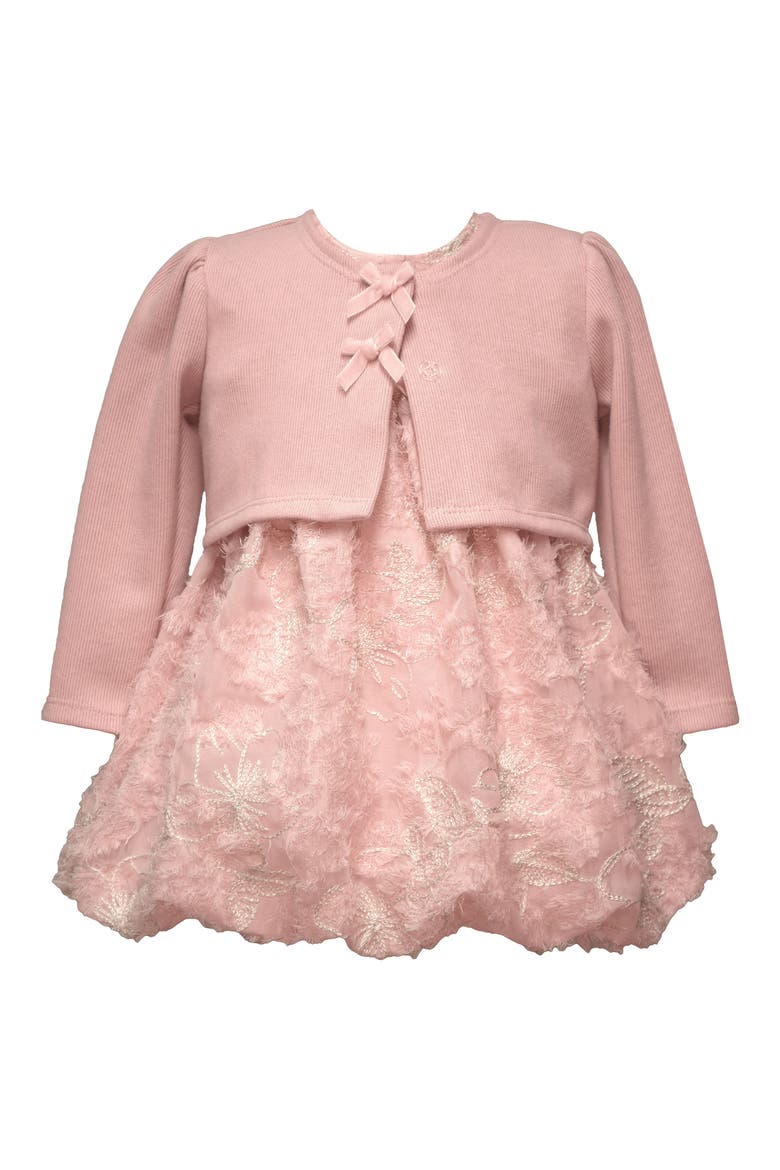Bow Cardigan & Bubble Dress Set, Main, color, PINK