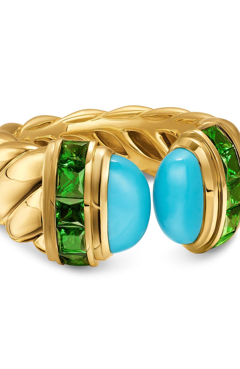 David Yurman Sculpted Cable Open Cocktail Ring in 18K Yellow Gold with Turquoise and Tsavorites, 12.4mm, Alternate, color, Turquoise
