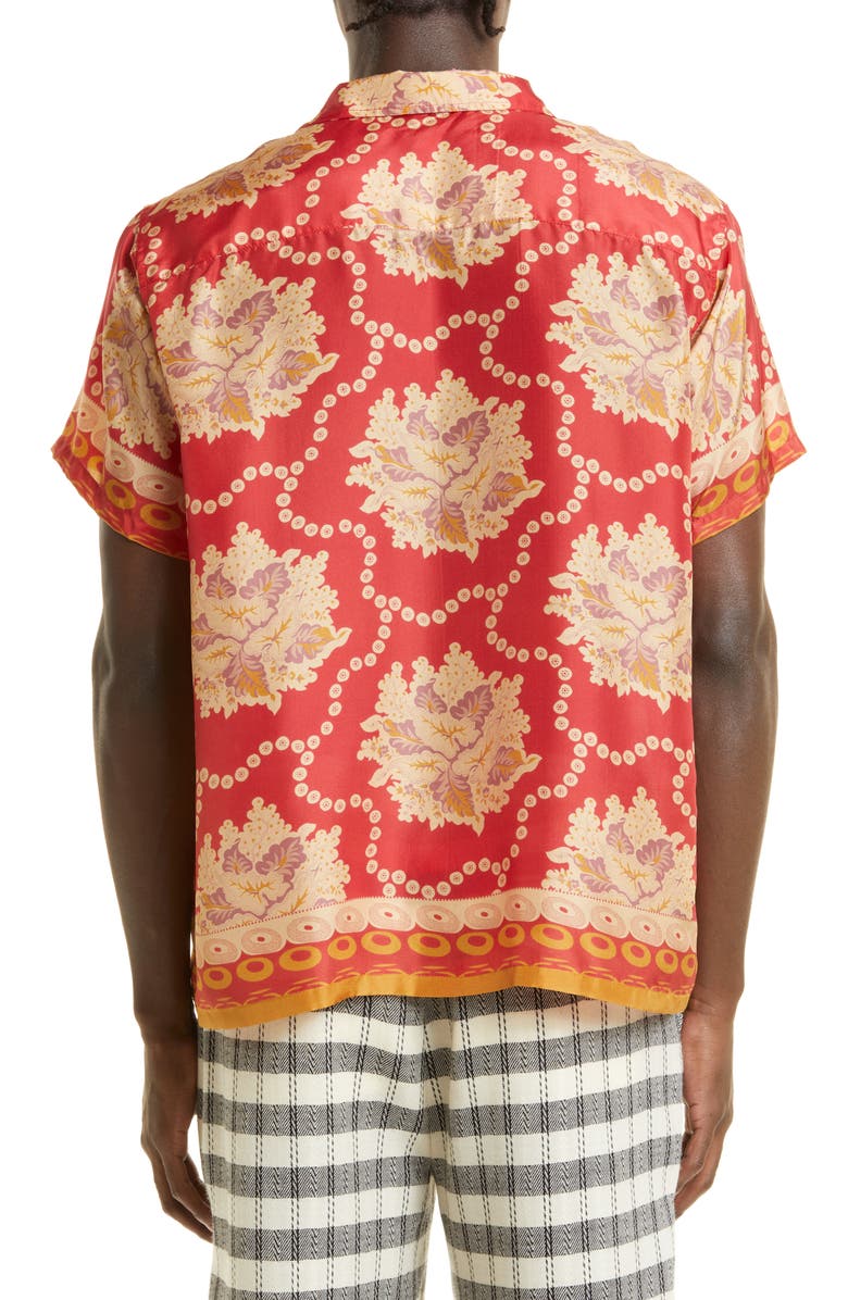 Bode Coral Bells Short Sleeve Silk Button-Up Camp Shirt, Alternate, color, 