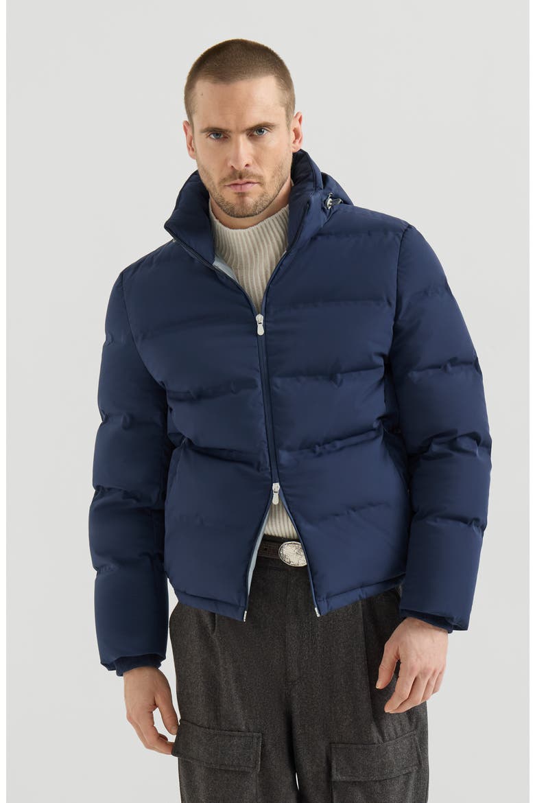 Stretch bonded nylon down jacket with heat-bonded seams and detachable hood, Main, color, Blue