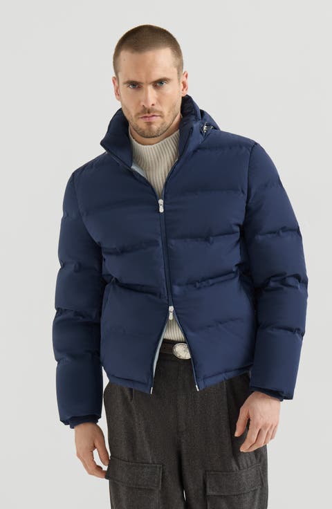 Stretch bonded nylon down jacket with heat-bonded seams and detachable hood