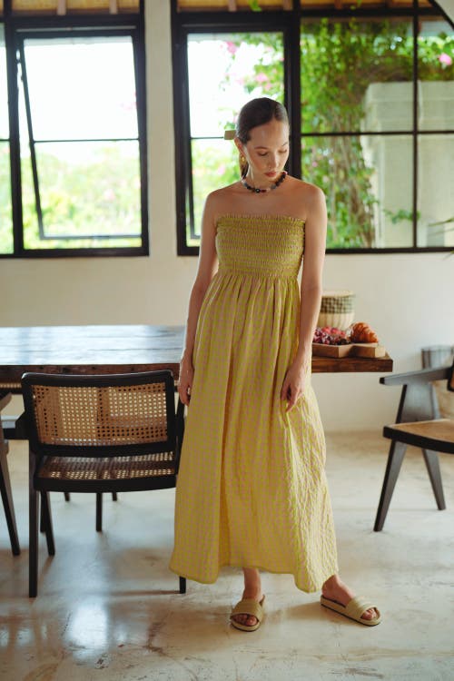 Pink Haley Ava Strapless Crinkle Gingham Dress In Yellow