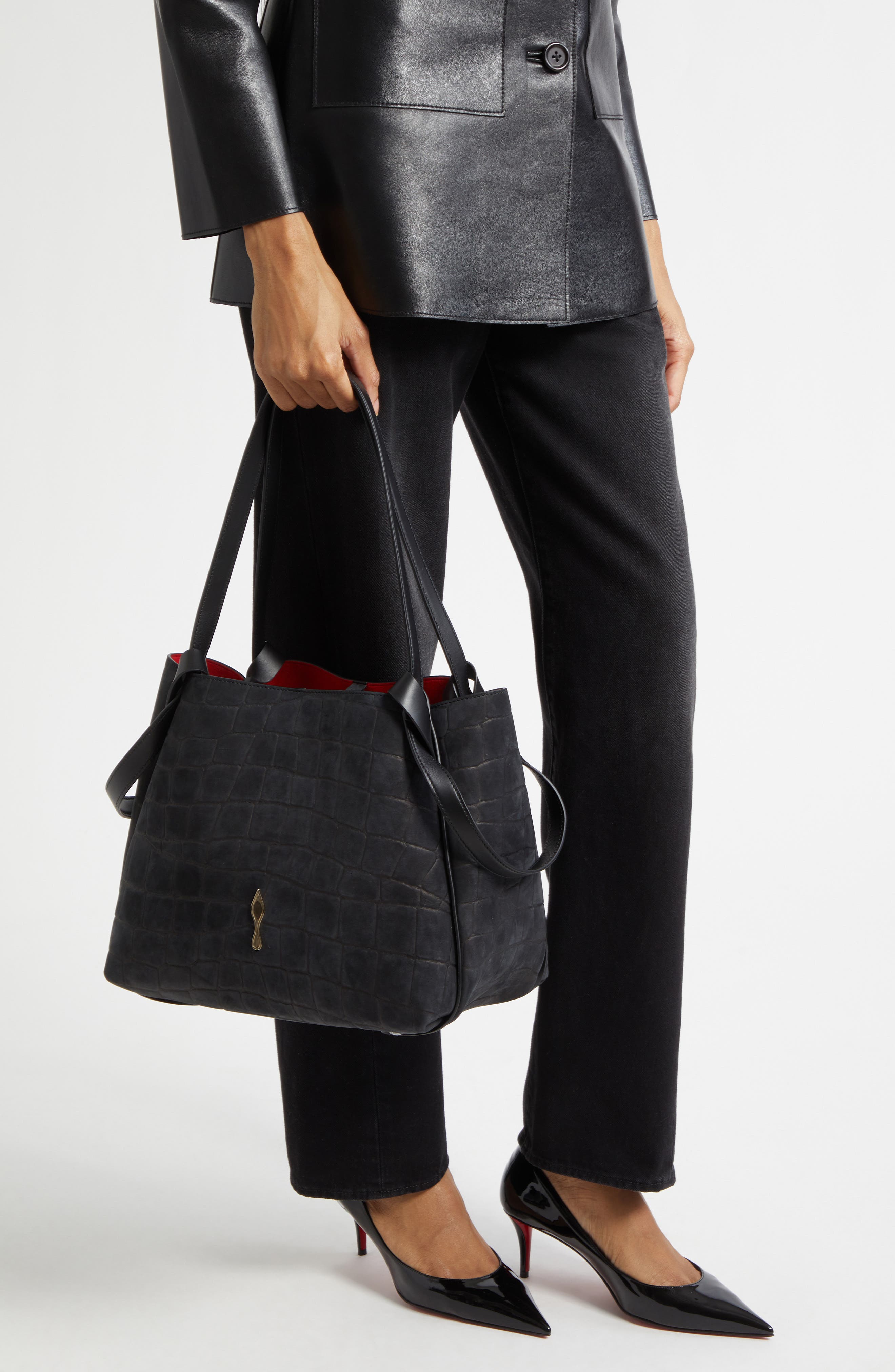 Small Bettina Croc Embossed Nubuck Leather Tote, Alternate, color, BK01 BLACK