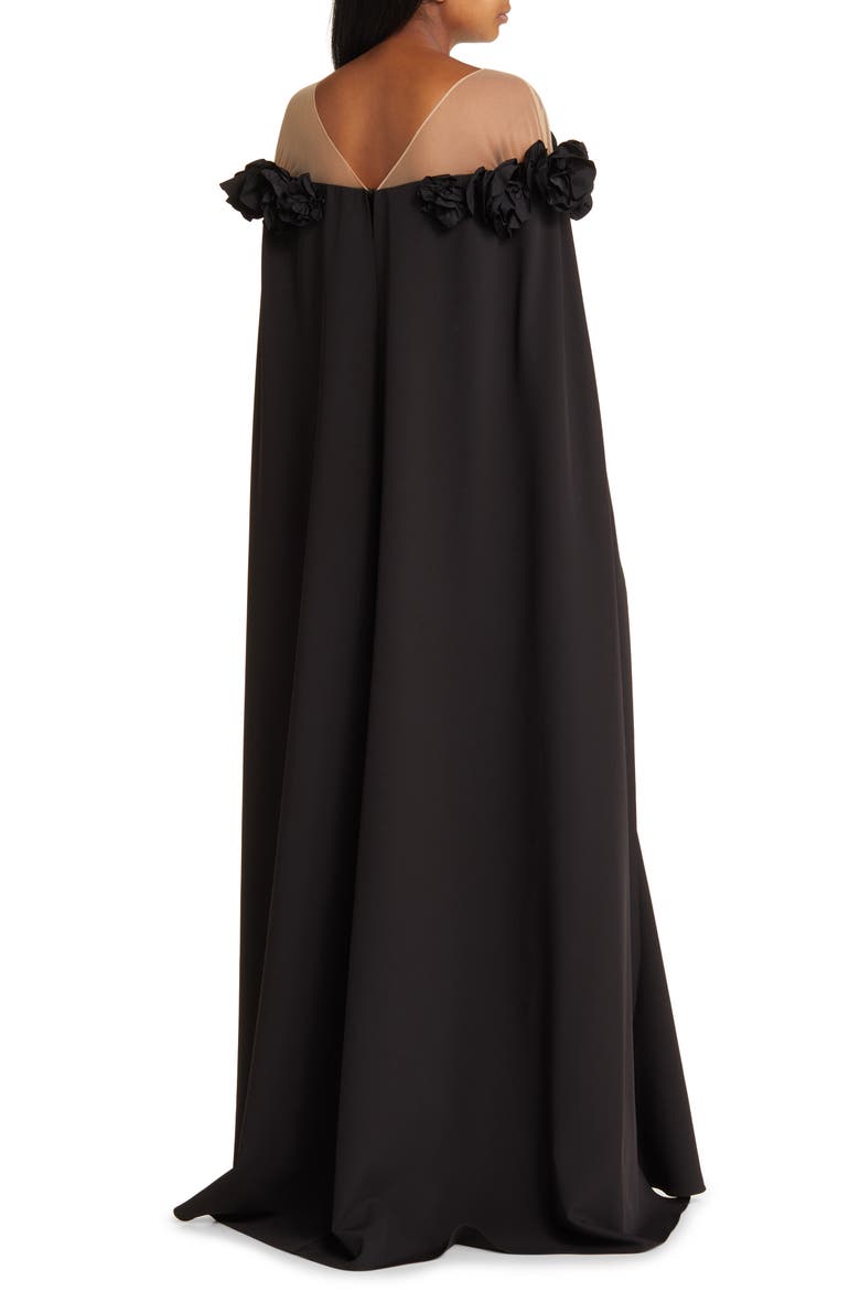 Flower Detail Illusion Shoulder Cape Gown, Alternate, color, BLACK