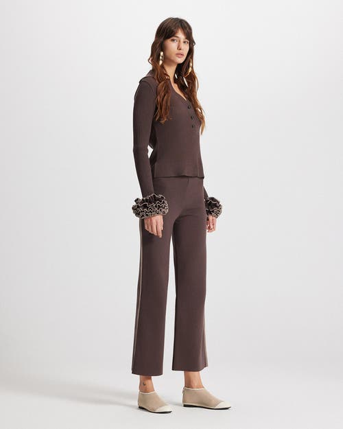 Theo The Label Nomia Ruffle Sleeve Johnny Sweater In Brown