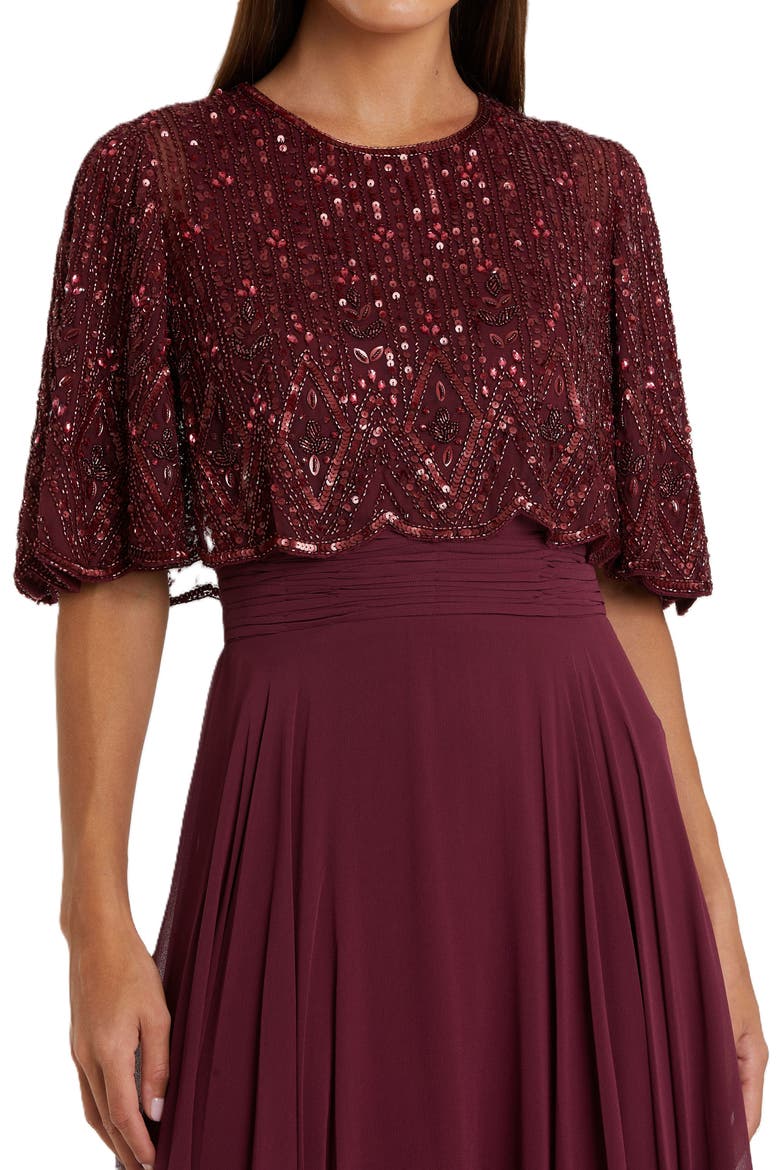 Sleeveless Caped Beaded Overlay A-Line Gown, Alternate, color, AUBURGINE