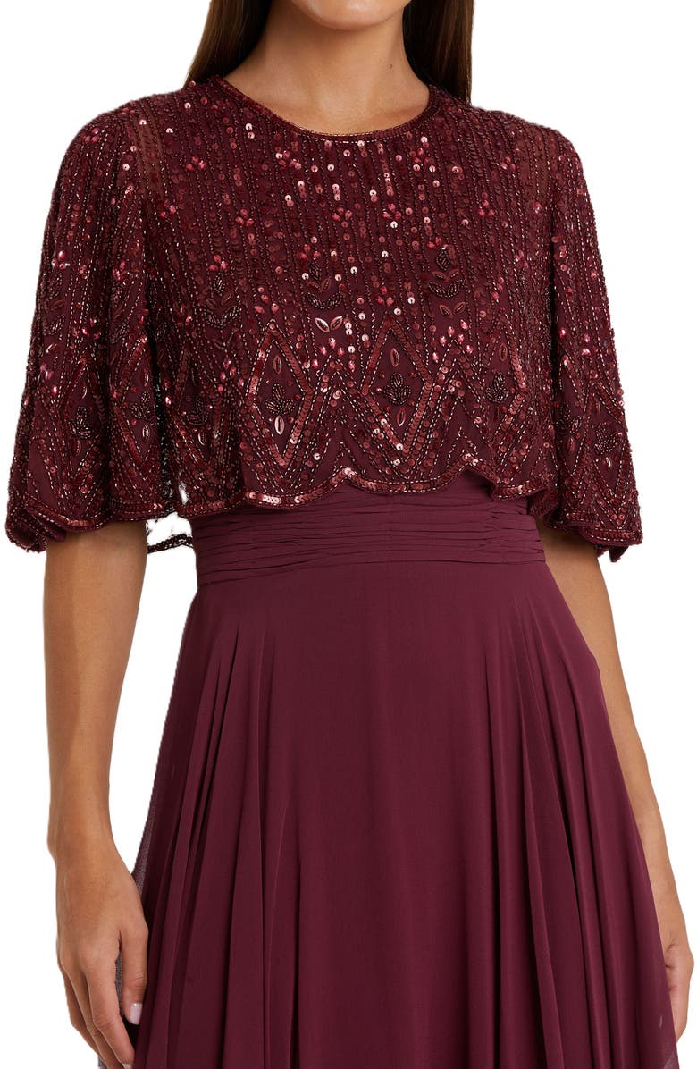 Mac Duggal Sleeveless Caped Beaded Overlay A-Line Gown, Alternate, color, Aubergine