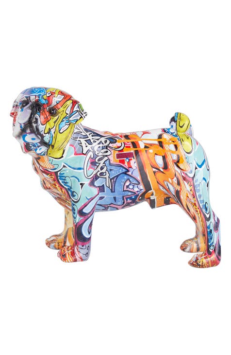 Multi Colored Polystone Graffiti Bulldog Sculpture