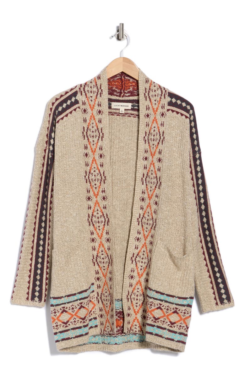 Lucky Brand Geometric Border Pocket Cardigan, Alternate, color, Natural