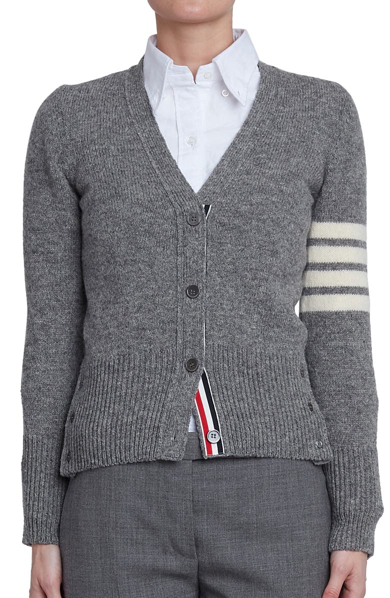 Thom Browne 4-Bar V-Neck Wool Cardigan, Main, color,