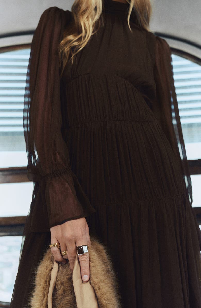 MANGO Long Sleeve Tiered Dress, Alternate, color, Chocolate