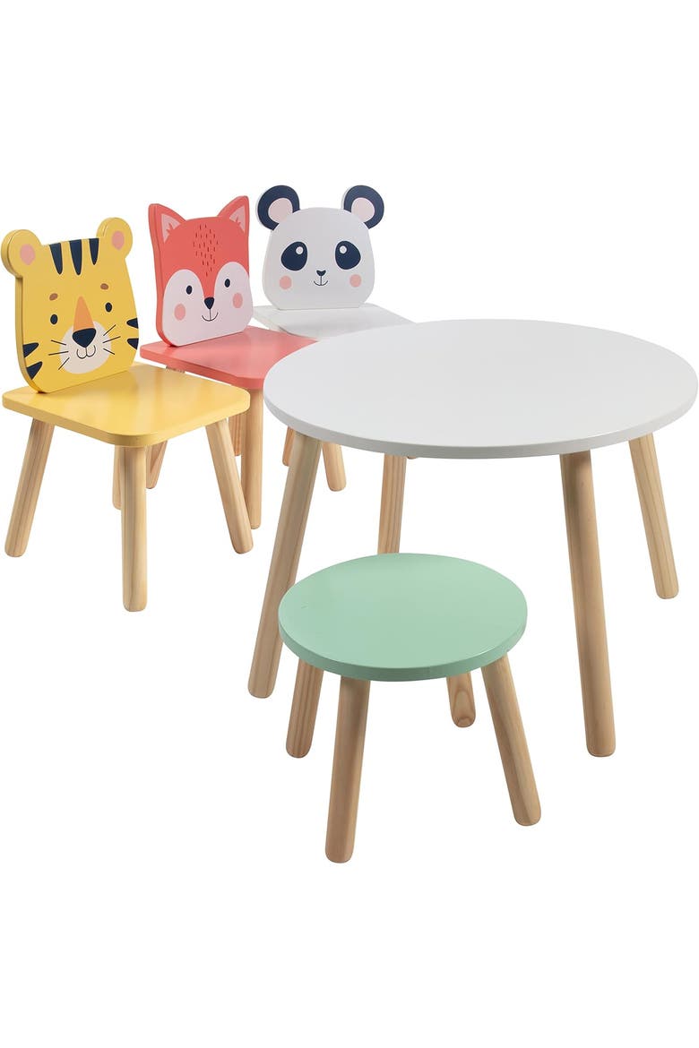 Kids Wooden Animal Table & Chair Set w 4 Seats- Tiger Panda Fox & Adult Stool, Alternate, color, None