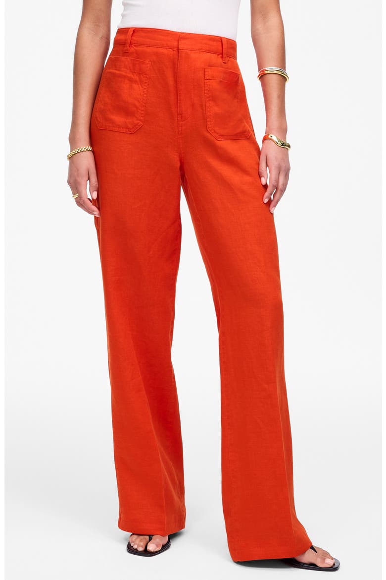 Patch Pocket Linen Flare Pants, Main, color, BRIGHT FLAME