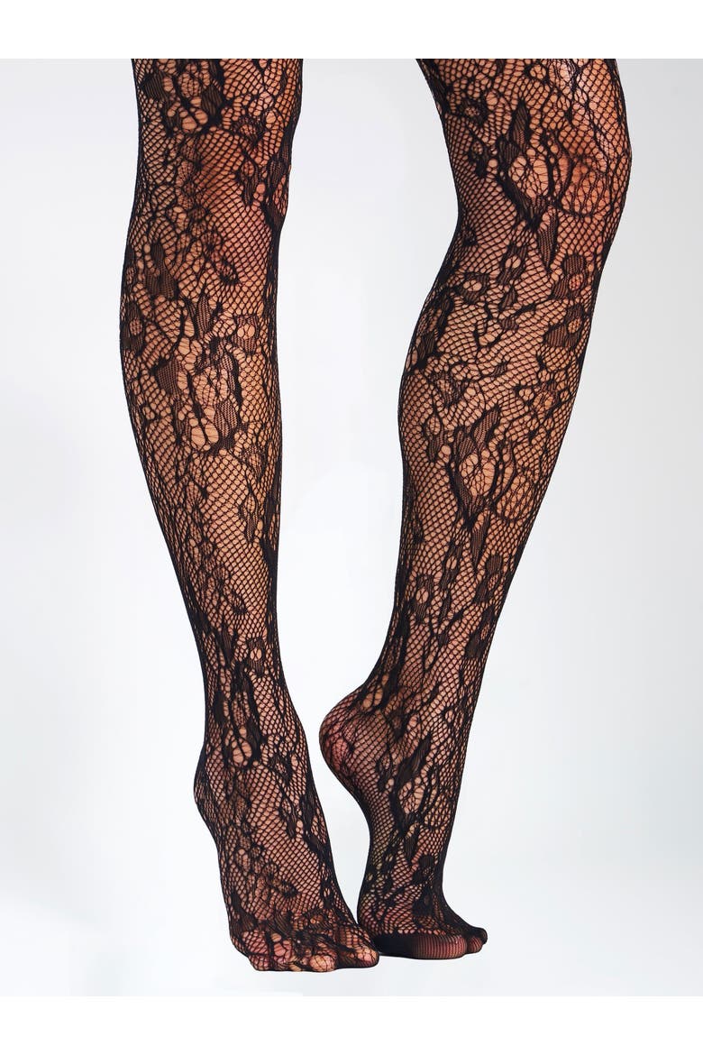 Lace Floral Print Tights, Alternate, color, Black