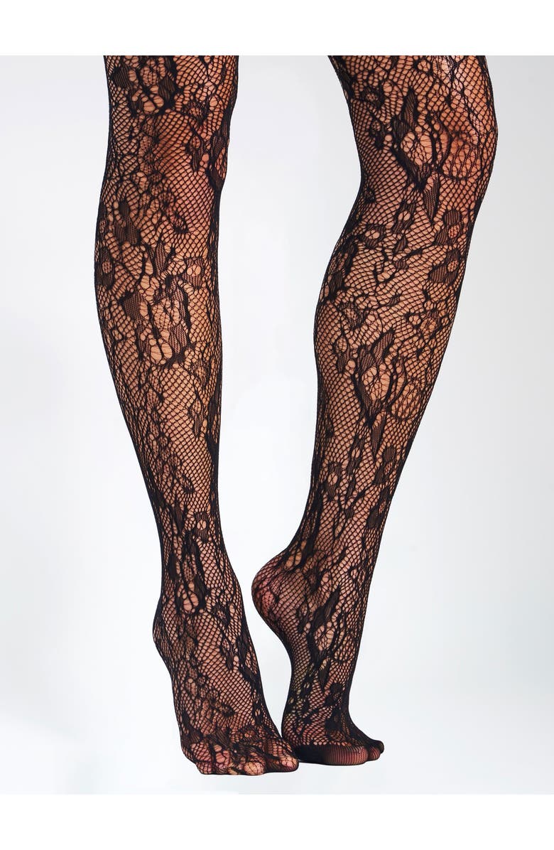 Miss Circle Lace Floral Print Tights, Alternate, color, Black