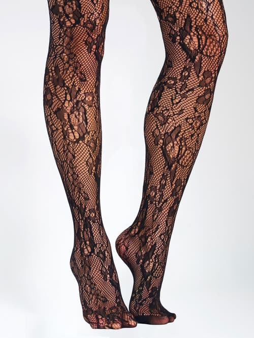 Miss Circle Lace Floral Print Tights In Black