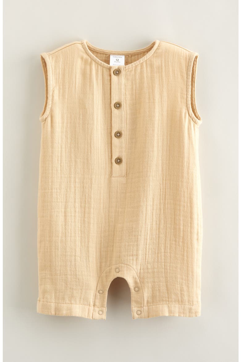 Cotton Gauze Henley Romper, Main, color, TAN SHORE