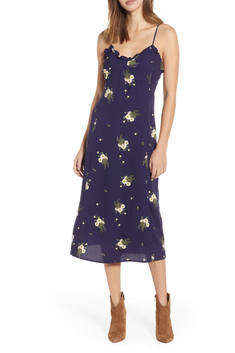 Ruffle Trim Floral Print Midi Dress, Main, color, NAVY EVENING DAISY