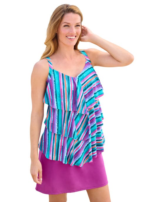 Longer-Length V-Neck Tiered-Ruffle Tummy Control Tankini Top