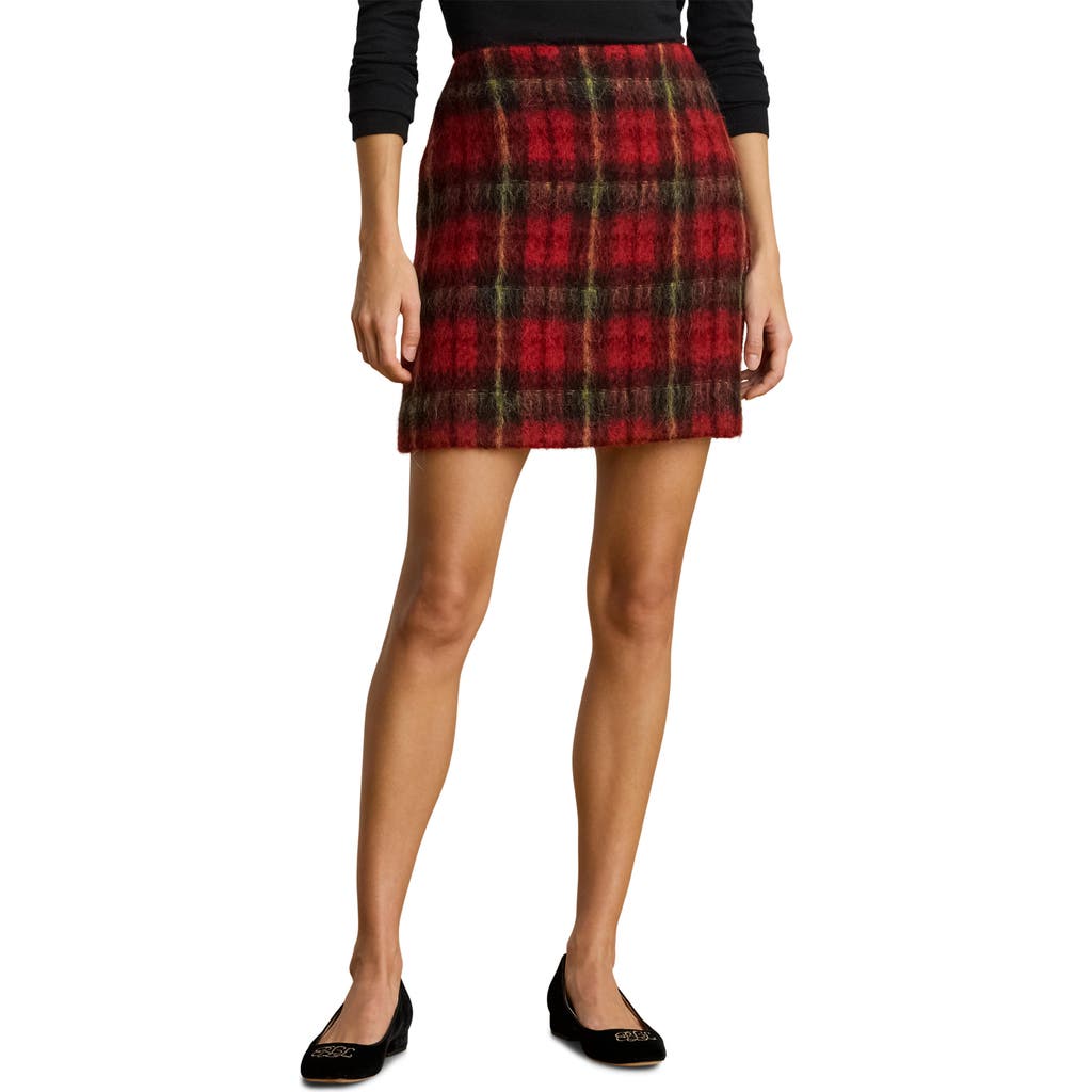 Ralph Lauren Mohair Plaid Pencil Mini Skirt In Red
