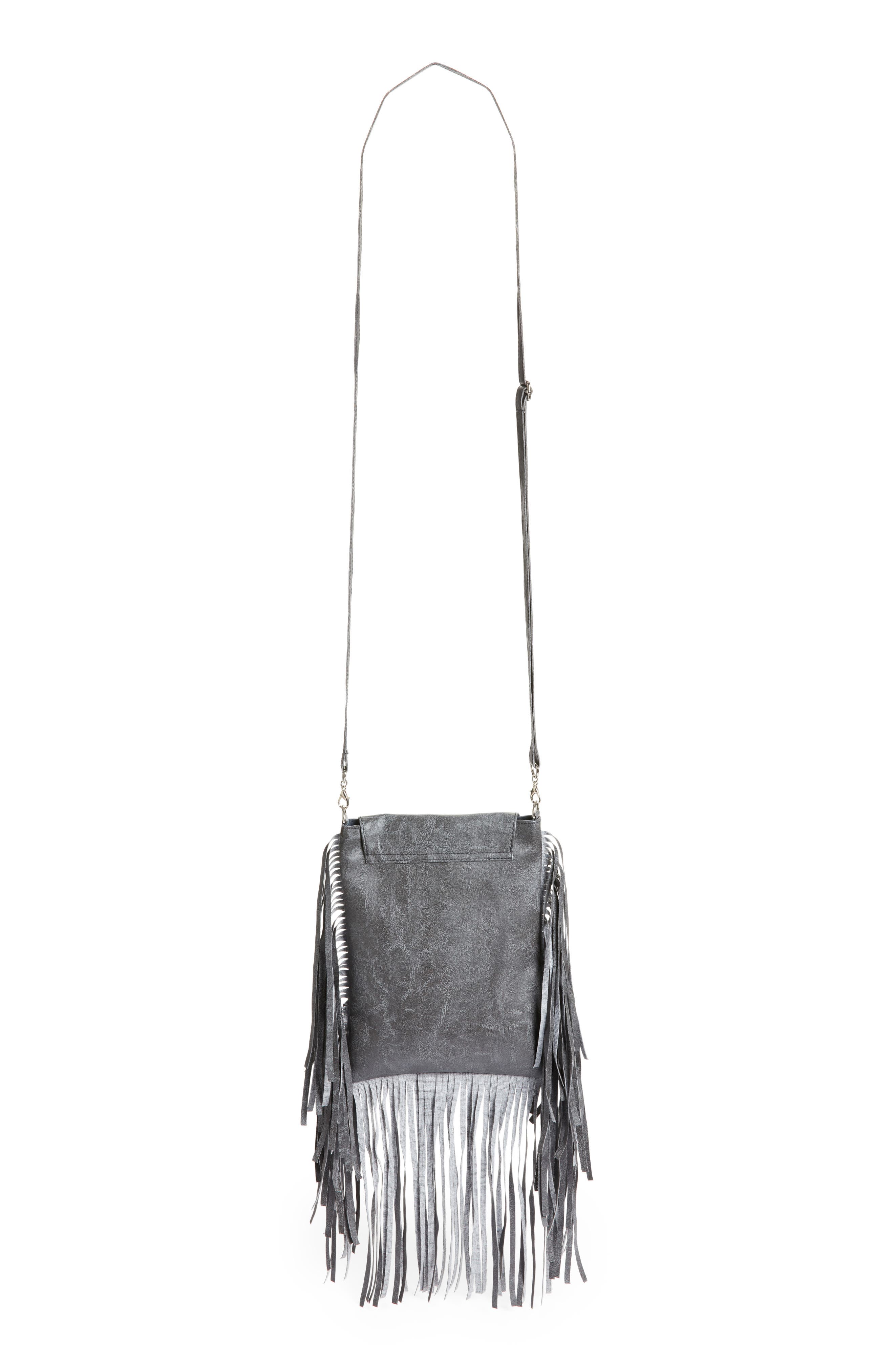 Fringe Faux Leather Crossbody Bag, Alternate, color, GREY