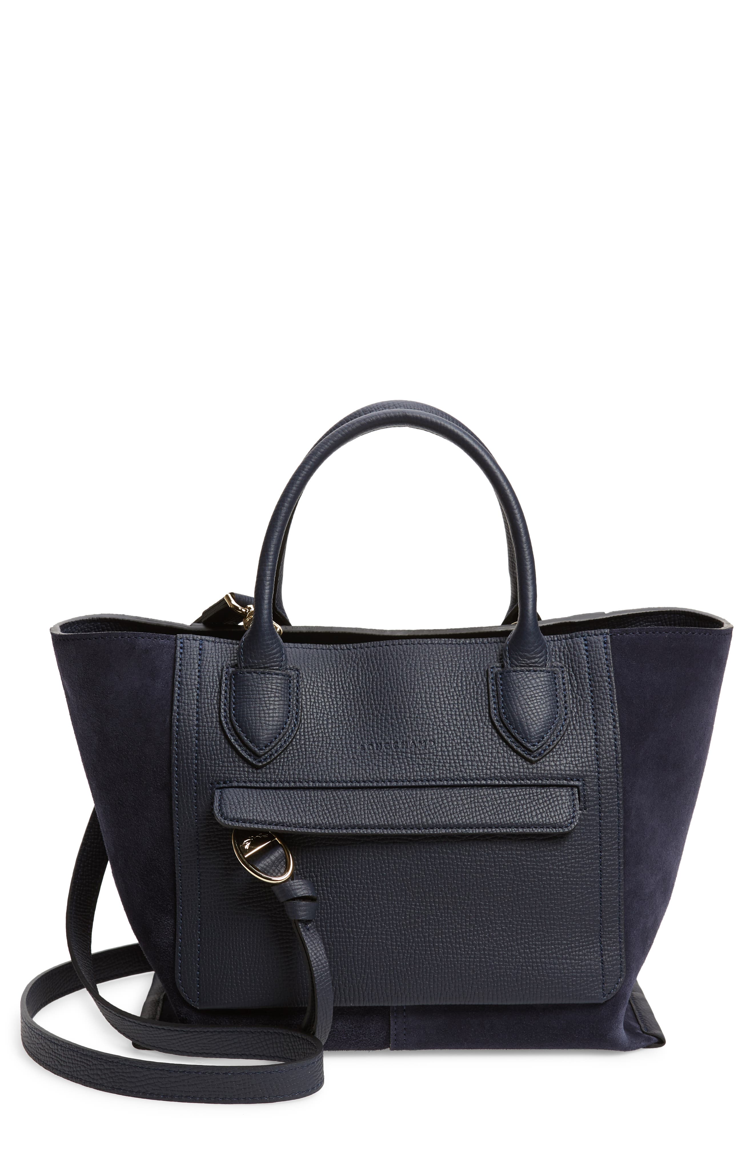 Longchamp Medium Mailbox Suede & Leather Top Handle Bag, Main, color, Navy