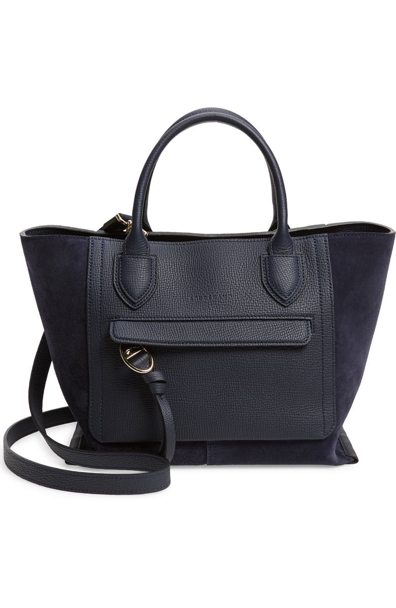 Longchamp Medium Mailbox Suede & Leather Top Handle Bag, Main, color, Navy