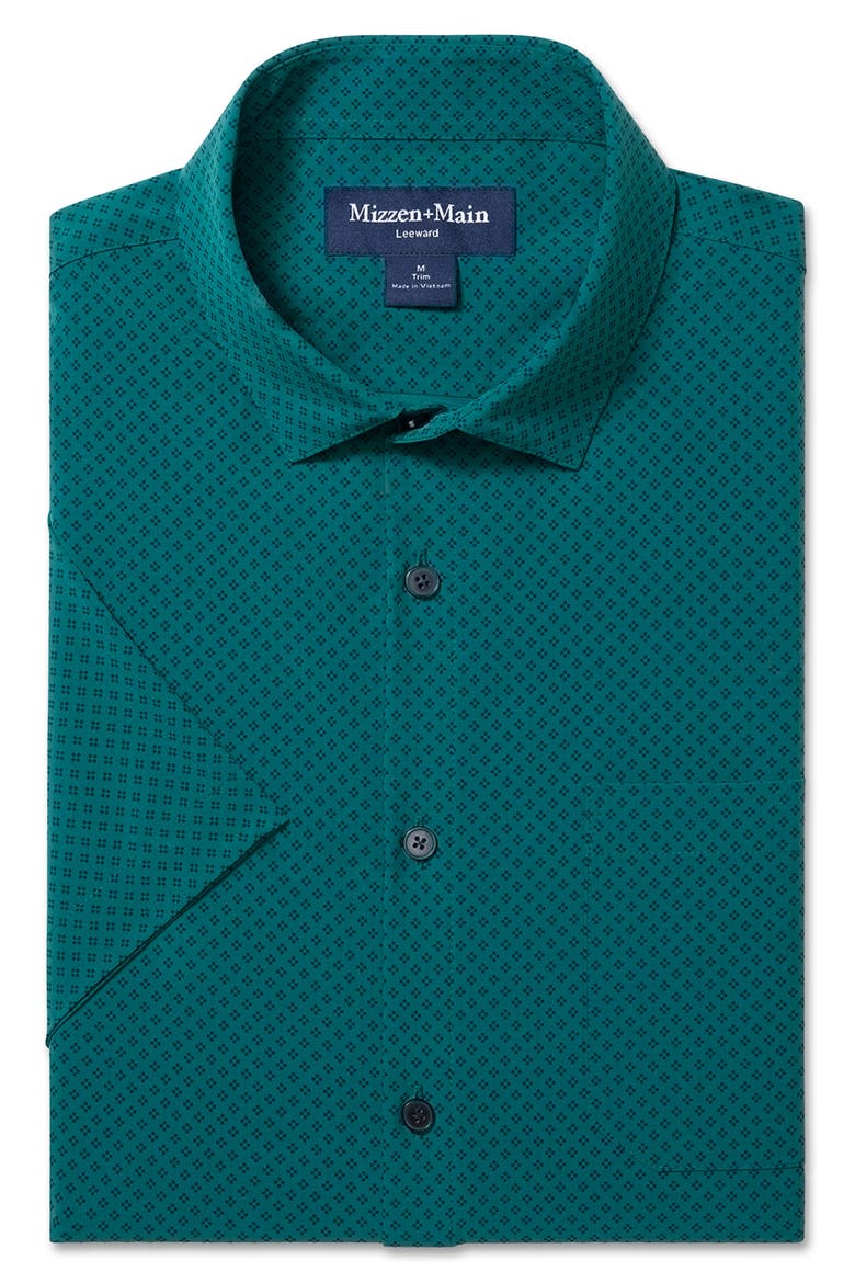 Leeward Trim Fit Short Sleeve Performance Button-Up Shirt, Alternate, color, DARK TEAL CLOVER