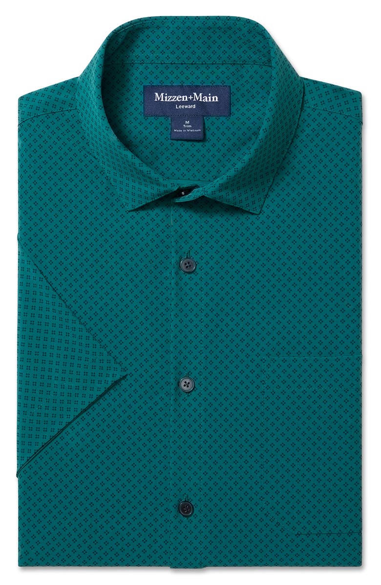 Mizzen+Main Leeward Trim Fit Short Sleeve Performance Button-Up Shirt, Alternate, color, Dark Teal Clover