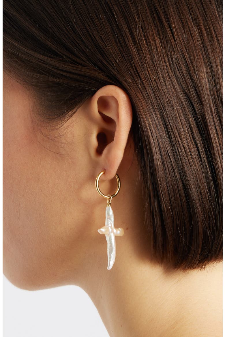 Esther Freshwater Pearl Cross Earrings, Alternate, color, GOLD