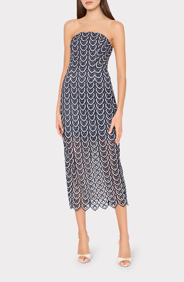 Milly Kait Strapless Lace Midi Dress, Main, color, Navy/ White