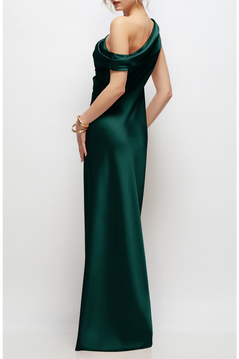 Draped One-Shoulder Satin Charmeuse Gown, Alternate, color, EVERGREEN