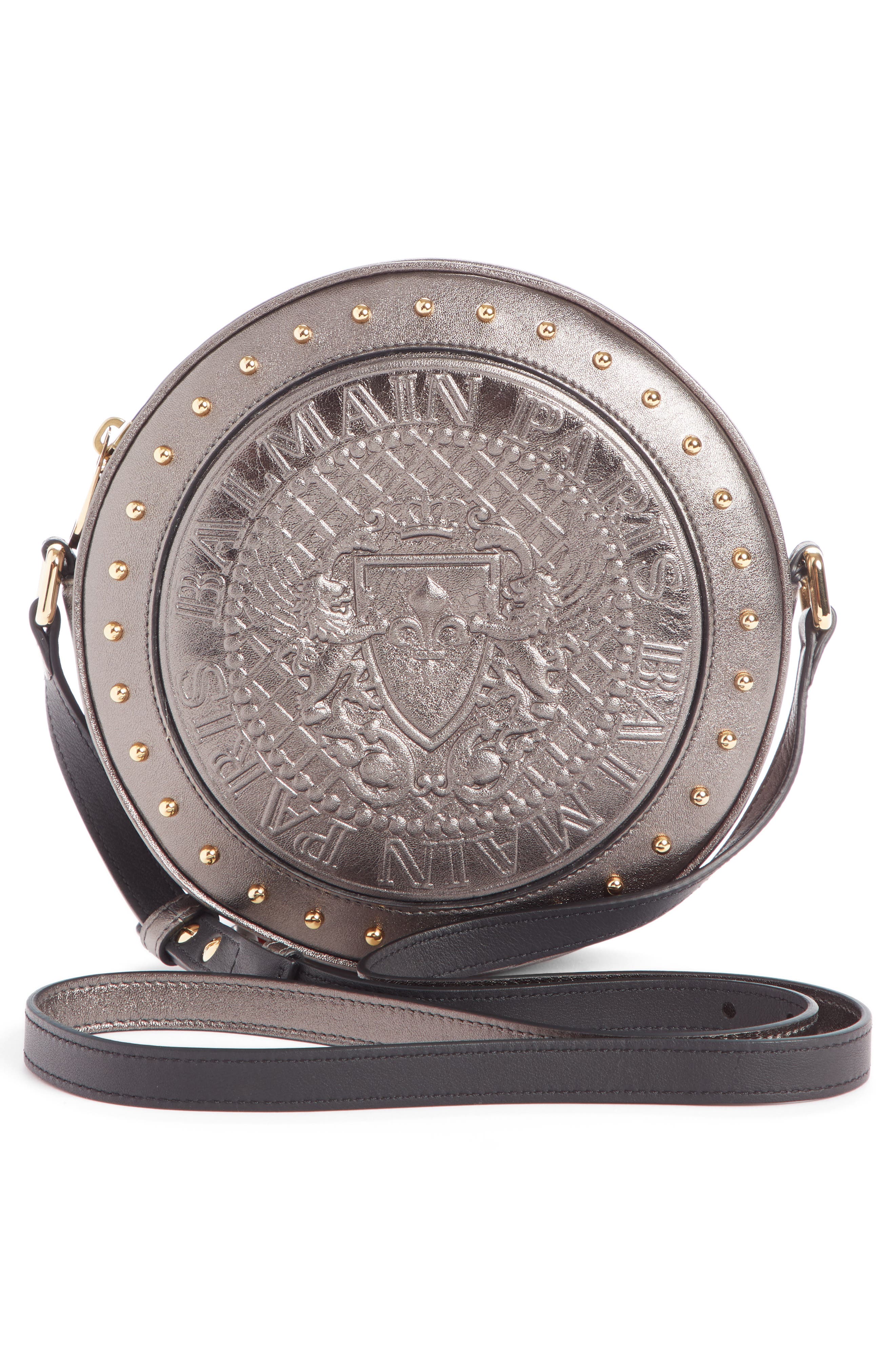 Balmain Disco Embossed Metallic Calfskin Leather Crossbody Bag, Alternate, color, 