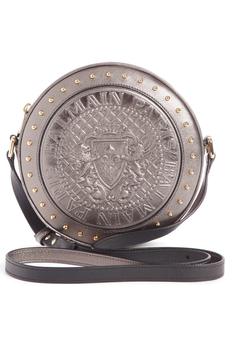 Balmain Disco Embossed Metallic Calfskin Leather Crossbody Bag, Alternate, color,