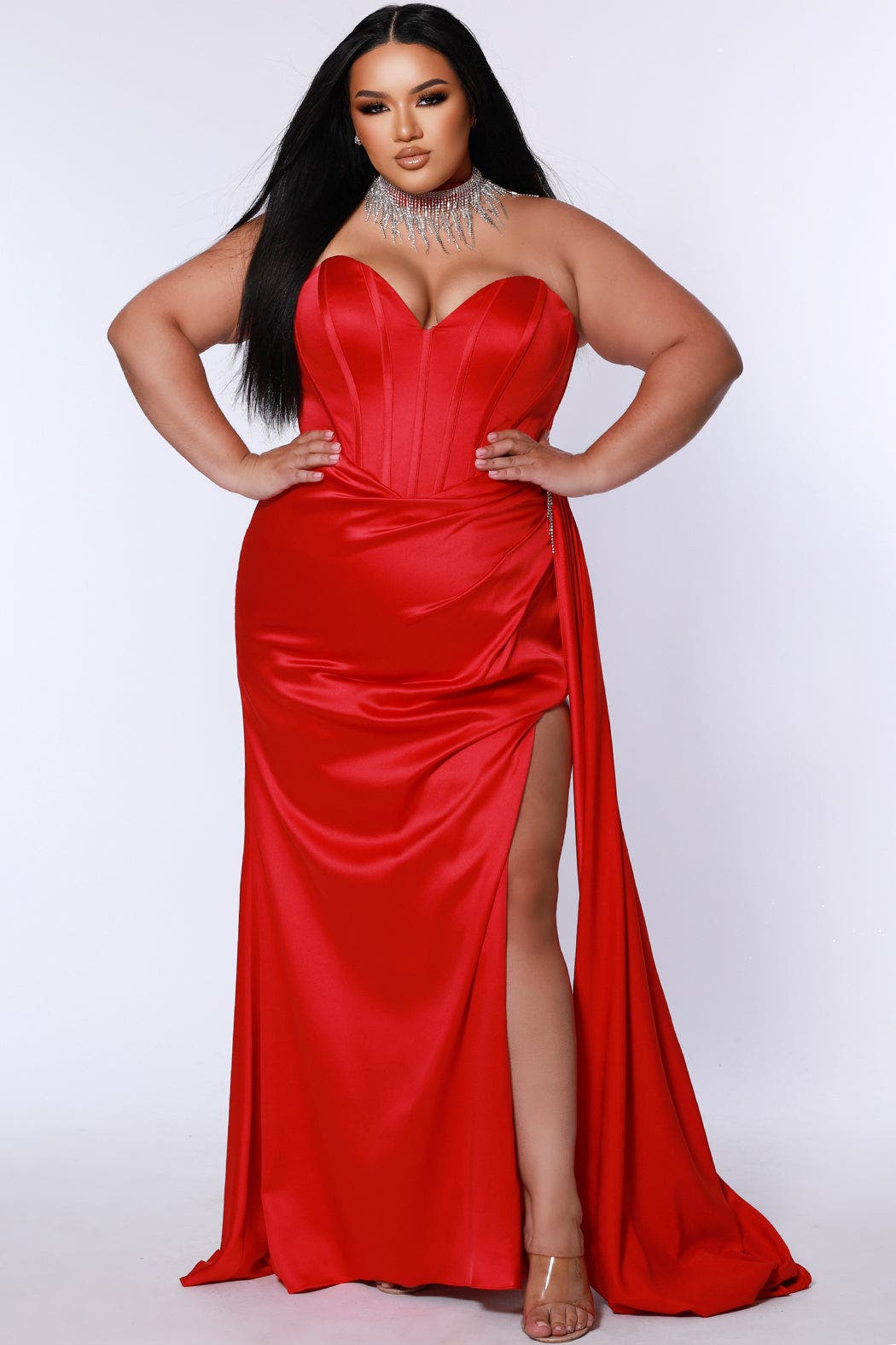 Johnathan Kayne for Sydney's Closet Plus Size Fringe Off the Shoulder Corset Satin Gown Over Skirt Slit in Scarlet 
