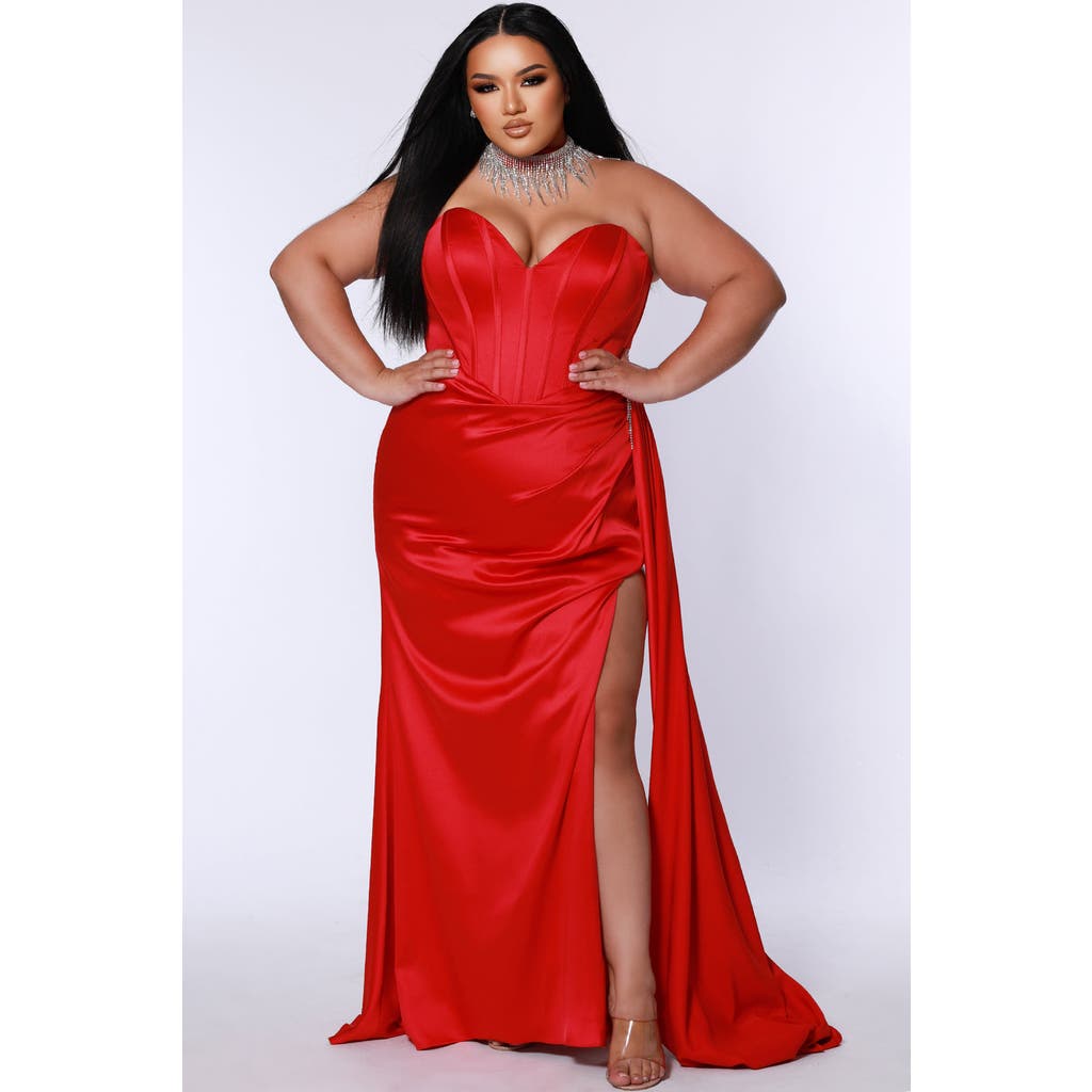 Johnathan Kayne for Sydney's Closet Plus Size Fringe Off the Shoulder Corset Satin Gown Over Skirt Slit in Scarlet  product