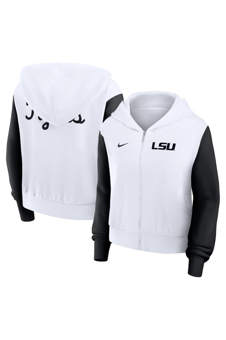 Women's Nike White LSU Tigers Cropped Color-Block Script Full-Zip Hoodie, Main, color, White