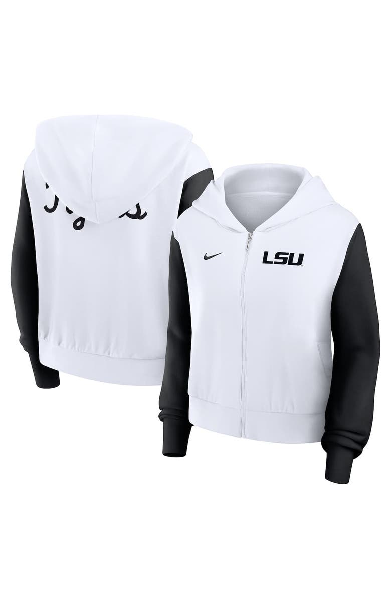 Nike Women's Nike White LSU Tigers Cropped Color-Block Script Full-Zip Hoodie, Main, color, White