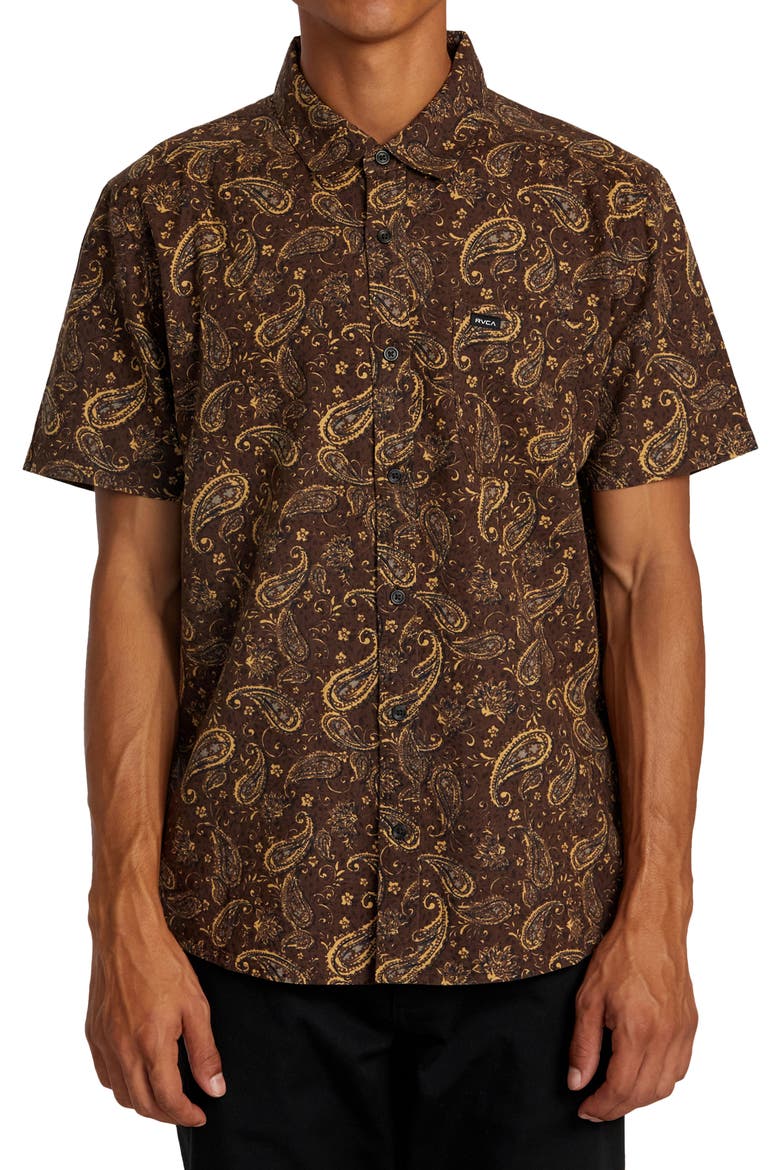 Rvgazi Floral Short Sleeve Button-Up Shirt, Main, color, CHOCOLATE